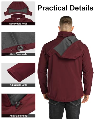 Outdoor Ventures Men's Softshell Jacket Waterproof Fleece Rain Shell Coat - color: Dark Red, size: Medium