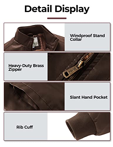 WenVen Men's Stand Collar Fleece Lined Faux Leather Jacket Warm Winter Coat | Bomber Outerwear - color: Brown, size: Medium