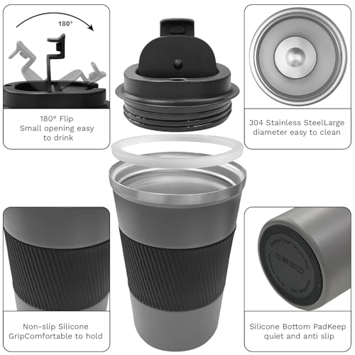 Insulated Travel Coffee Mug, Stainless Steel Coffee Cup with Leakproof Lid - color: Gray, size: 12 Ounces