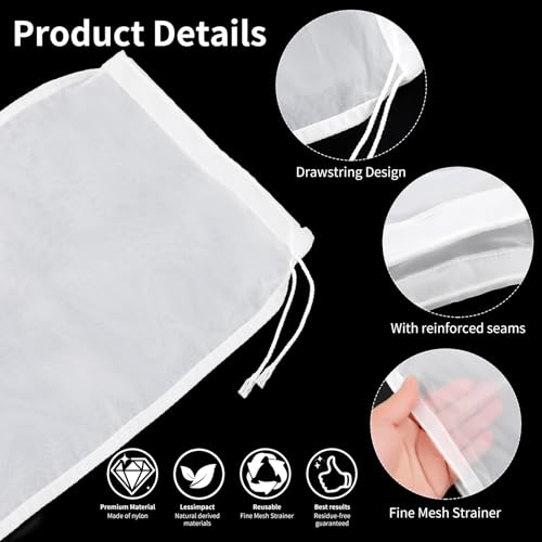 6 Pcs Nut Milk Bag 12 x 8 Inch, 200 Mesh Reusable Fine Mesh Nylon Strainer Bag, Cheese Cloth Bag for Straining Cheese, Yogurt, Juice, Coffee, Tofu, Tea, Almond Milk