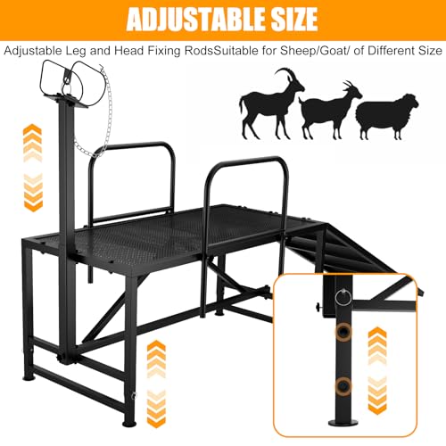Goat Stand with Ramp for Sheep & Goats, Adjustable Height 20"-32", 47x23" Metal with Headpiece & Nose Loop for Hoof Trimming, Milking & Shearing