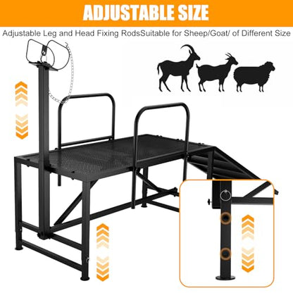Goat Stand with Ramp for Sheep & Goats, Adjustable Height 20"-32", 47x23" Metal with Headpiece & Nose Loop for Hoof Trimming, Milking & Shearing