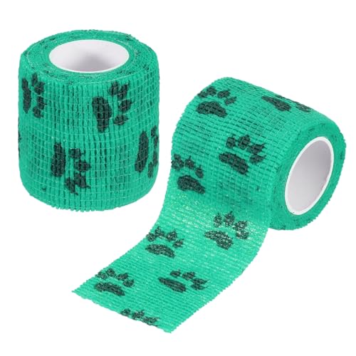 Pet Wrap Bandages, 2 Inch 5 Yard Self Adhesive Bandage Wrap, Pet Non-Woven Tape First Aid Cohesive Gauze, (Green/Paw, 2 Pcs), Intended for Dog/Cat/Bird/Legs/Paws/Wound - color: Green, size: 2 inch