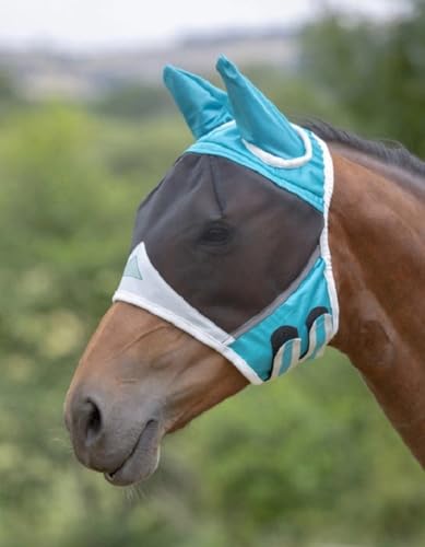 Shires Fine Mesh Fly Mask with Ears — 70% UV Protection Teal/Pony/Single
