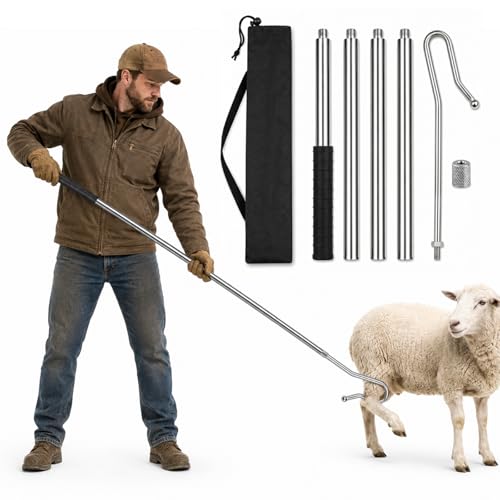 Goat Sheep Catcher Hook, Adjustable 44–75 Inch 5-Section 304 Stainless Steel Sheep Leg Hook with Rounded Ball Tip for Milking, Shearing, Hoof Trimming and Health Checks