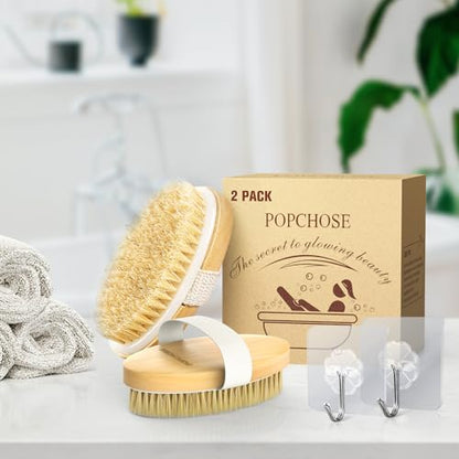 POPCHOSE Dry Brushing Body Brush, Natural Bristle Exfoliating Brush | Natural Boar Bristle Body Brush, Dry or Wet Exfoliating Shower Scrub Brush for Smoother Skin, Self Care Routine Gift - size: 2 Count (PP+Boar Bristles)