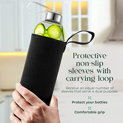 Kitchen Lux 18oz Glass Water Bottles – Pack of 12 Nylon Protective Sleeves, Airtight Screw Top Lids, Portable Carrying Loops - Lead, PVC and BPA Free - Water, Milk, Smoothie, Juice Beverage Glasses