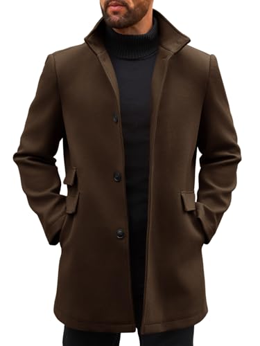 Runcati Mens Pea Coat Single Breasted Mid Long Trench Coat Overcoat | Slim Fit, Stand Collar, Fall Winter, Jacket, Pocket, Warm, Casual, Dress, Business, Christmas Gift - color: Coffee, size: Medium