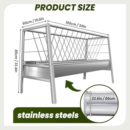 Goat Feeder, 92 Gallon Hay Feeder, Stainless Steel Livestock Hay Feeder, Sheep Feeder Trough for Barn or Outdoor Use, Free Returns!