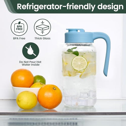 Mason Jar Pitcher, 64 oz (2 quart), Glass Pitcher with Lid | Airtight, Leak proof, Ergonomic Handle, Pour Spout Lid, Fridge Safe, for Sun Tea, Iced Tea, Cold Brew, Lemonade, Outside - color: Sky