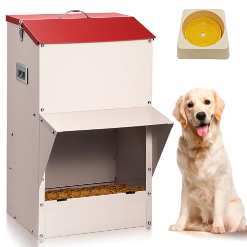 Outdoor Gravity Dog Feeder, 50 lb Large Capacity Automatic Dog Food Dispenser, Heavy Steel Weather-Resistant Pet Feeder with Clear Viewing Door, Wall or Ground Mount for Large Dogs