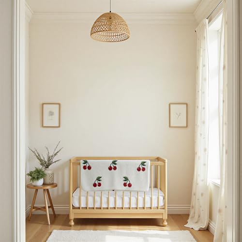Creative Co-Op Cotton Knit Baby Blanket with Cherry Print, Cream with Red and Green - color: Cherries, size: 40" L x 32" W