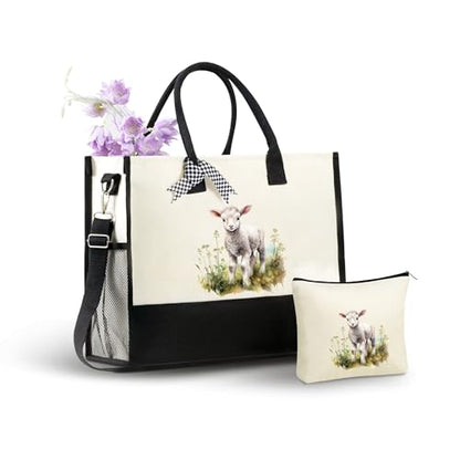 InnoBeta Sheep Gifts for Women Canvas Tote Bag, Tote with Top Zipper Closure and Shoulder Strap for Birthday, Mother's Day, Christmas