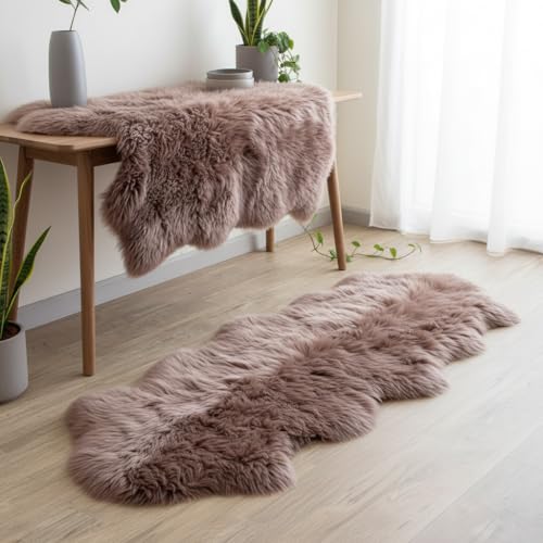Premium Genuine Sheepskin Rug 2' x 6' Long Fur Soft & Natural Bedside Area Rug, Tan, Double Pelt - color: Tan, size: 2' x 6' (Natural)