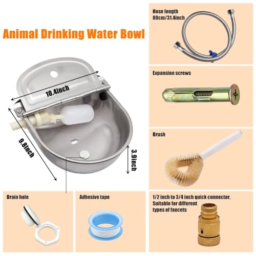Automatic Livestock Waterer, 304 Stainless Steel Auto Fill Drinking Bowl with Float Valve, Drainage Hole & Protective Baffle, Wall Mount or Floor Stand, for Dogs, Chickens, Horses, Goats, Pigs