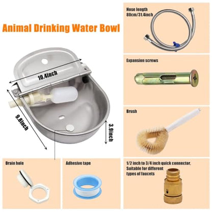 Automatic Livestock Waterer, 304 Stainless Steel Auto Fill Drinking Bowl with Float Valve, Drainage Hole & Protective Baffle, Wall Mount or Floor Stand, for Dogs, Chickens, Horses, Goats, Pigs