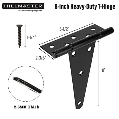 HILLMASTER 8 Inch T-Strap Heavy Duty Shed Door Hinges Gate Strap Hinges Black Tee Hinge Wrought Hardware for Wooden Fences,Yard,Barn Door,Rustproof (4 Pack) - size: 8in 4Pack