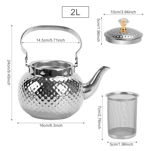 2L Hammered Tea Kettle Stovetop, Silver Tea Pot with Strainer for Stove - color: Silver-2L