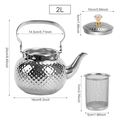 2L Hammered Tea Kettle Stovetop, Silver Tea Pot with Strainer for Stove - color: Silver-2L