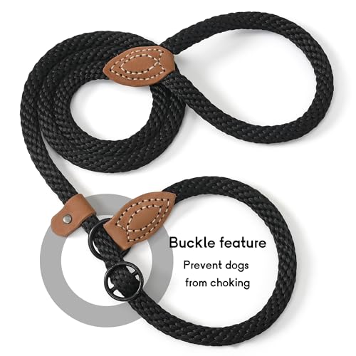 Mile High Life Heavy Duty Slip Lead No Pull Leash w Leather-Reinforced Ends - color: Jet Black, size: 4 Feet