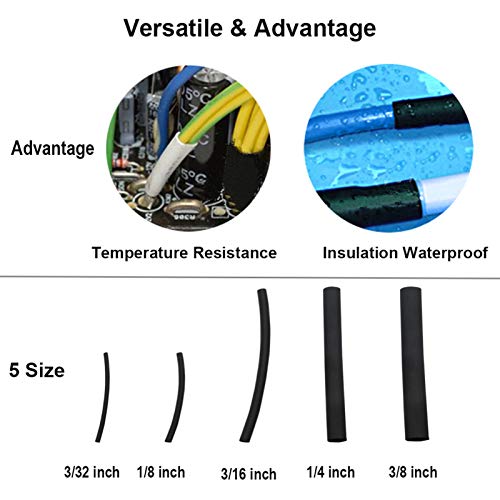 280pcs 3:1 Dual Wall Adhesive Heat Shrink Tubing Kit, 5 Sizes (Diameter): 3/8, 1/4, 3/16, 1/8, 3/32-inch, Marine Cable Wire Sleeve Tube Wrap Assortment with Storage Case for DIY by MILAPEAK (Black)