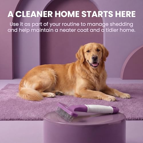 POODLIE Poodle Pet Dog Grooming Rake| Dematting Tool with Stainless Steel Shedding Comb for Pets | 2 Rows of Pins Gently Remove Loose or Tangled Hair from Undercoat | Purple Handle - color: Purple
