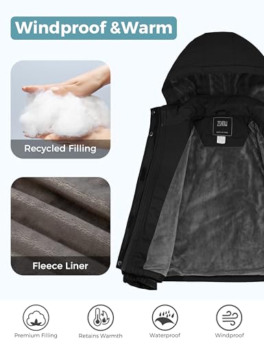ZSHOW Girls' Ski Jacket Waterproof Fleece Raincoat Windproof Winter Coat - color: Black, size: 8