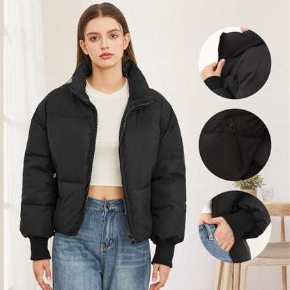 SXGYH Women’s Winter Cropped Puffer Jacket Coat Casual Quilted Baggy Long Sleeve Zip Down Jackets Outerwear - color: Black, size: XX-Large
