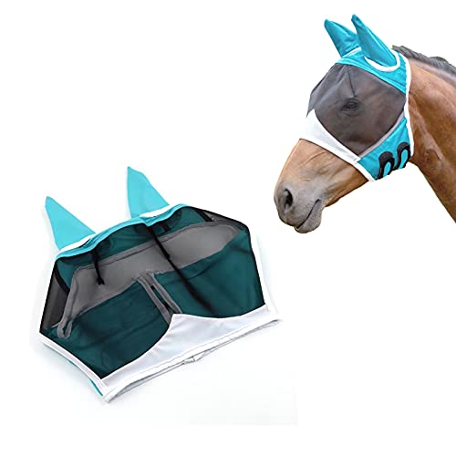Andiker Soft Mesh Horse Fly Mask with Ears, Breathable Horse Face Mask Protect Eyes and Face (Green, Medium) - size: Medium