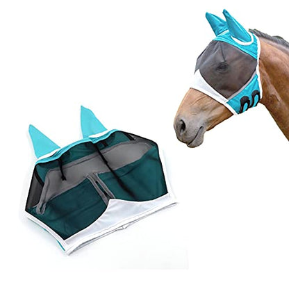 Andiker Soft Mesh Horse Fly Mask with Ears, Breathable Horse Face Mask Protect Eyes and Face (Green, Medium) - size: Medium
