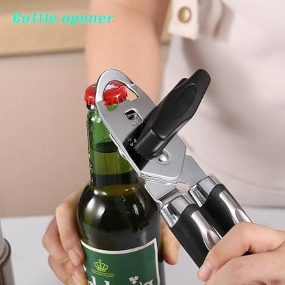 Manual Can Opener, Effortless Operation, Remove Lid with Magnet, 3 in 1 Bottle Opener & Milk Powder Opener, Soft Grip Handles, Easy to Turn, Heavy Duty Can Openers for Seniors - Black