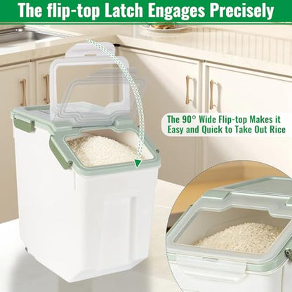 Rice Container 25 lbs Large Bulk Flour Sugar Storage Holdhouse Plastic Grain Cereal Dry Goods Bin with Spoon and Measuring Cup for Kitchen Pantry Organization - Green - color: Green