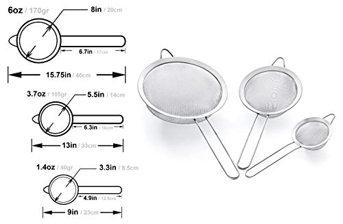 Strainer Set Fine Mesh – Premium 304 Stainless Steel (18/8) – 8″, 5.5″ and 3.3″ Sturdy Kitchen Strainers (Silver) - color: Silver