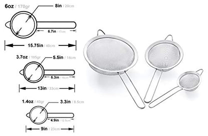 Strainer Set Fine Mesh – Premium 304 Stainless Steel (18/8) – 8″, 5.5″ and 3.3″ Sturdy Kitchen Strainers (Silver) - color: Silver