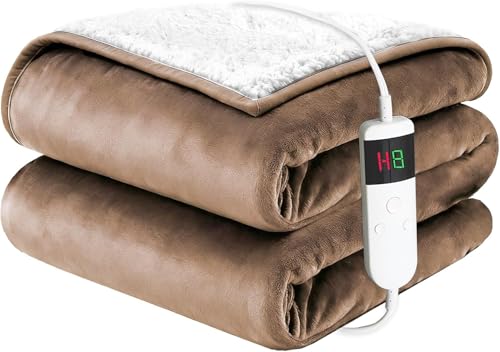 Electric Blanket Heated Queen, Soft Flannel 84"x90" Heating Blanket with 8 Hours Auto Off 10 Fast Heating Levels Machine Washable Sherpa Heated Blanket with Overheating Protection - color: Tan, size: Queen(84" x 90")