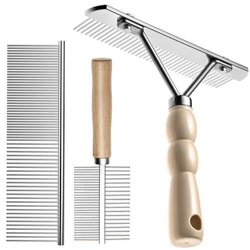 Undercoat Rake for Dogs, 3 Pack Pet Grooming Brush Set Long Tooth Rake Brush & Double-Sided Teech Comb & Stainless Steel Shedding Comb, Long Haired Pet Grooming Tool Set for Horse Large Dog Cat