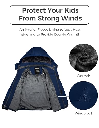 Wantdo Boy's Waterproof Ski Jacket Fleece Snowboarding Jackets Warm Thick Winter Coat Hooded Raincoats - color: Navy, size: 8-9