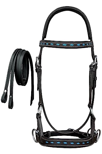 CHALLENGER Leather Turquoise BuckStitch Bitless Sidepull Bridle Reins 7714 - color: Black/Turquoise, size: Cob Size