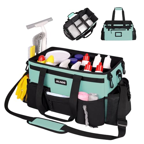 JKAOO Large Wearable Cleaning Caddy Bag with Handles, Blue Green | Adjustable Shoulder & Waist Straps, Removable, Waterproof Tote for Cleaning Supplies, Home, Car, Office - color: Blue-Green