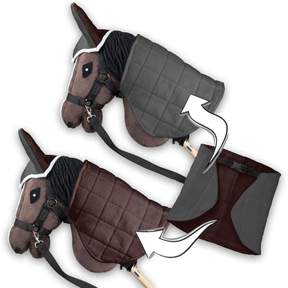 SKIPPI Reversible Blanket and Fly Cover - Grey and Brown, Two Tone Hobby Horse Blanket and Fly Ears, Fits Most Horses A3 and A4