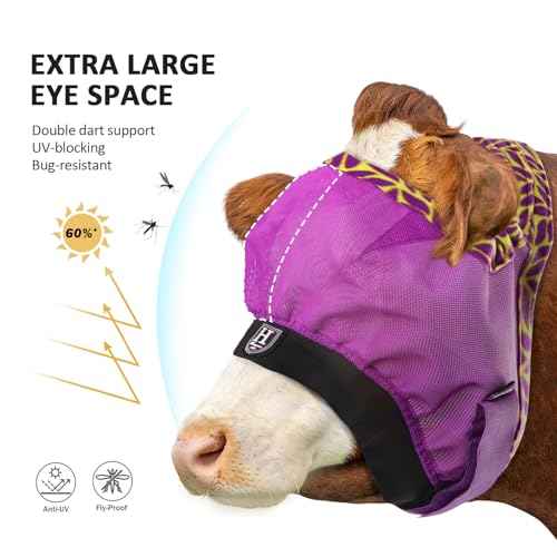 Harrison Howard Cattle Livestock Fly Mask Breathable Mesh Padded Edging with Fun Patterns Large Spacing Forelock Opening Design Adjustable Fit for Cattle Purple - color: Purple