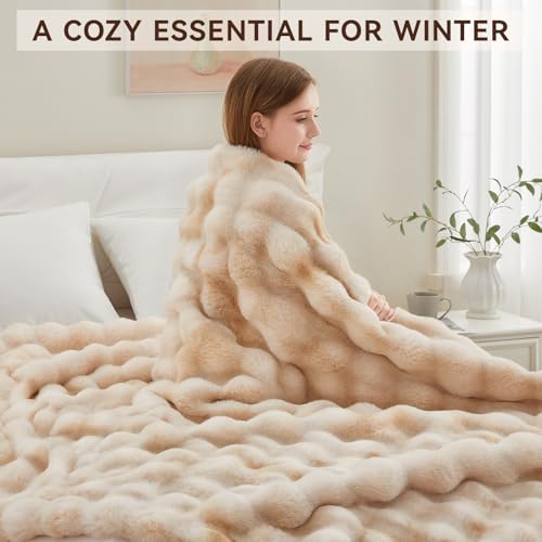 Anysay Faux Fur Throw Blanket, 1000GSM Fluffy Soft Bubble Blanket 60''*80'' - color: Camel, size: Twin