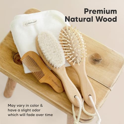 Keababies Wooden Baby Hair Brush Set for Newborns, Toddlers - Soft Goat Bristle Baby Brush and Comb Set Newborn Grooming Kit for Cradle Cap Care, Durable & Gentle,Boy,Girl Infant Essentials