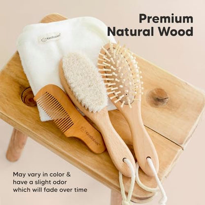 Keababies Wooden Baby Hair Brush Set for Newborns, Toddlers - Soft Goat Bristle Baby Brush and Comb Set Newborn Grooming Kit for Cradle Cap Care, Durable & Gentle,Boy,Girl Infant Essentials