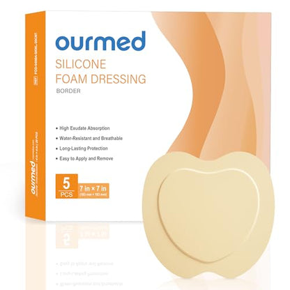 Ourmed Sacrum Silicone Foam Dressing with Border - Sacral Wound Dressing Adhesive for Wound Care, Waterproof Absorbent Bandages for Sacral Ulcer, Pressure Ulcer, 7" x 7", 5 Pack - size: 7 x 7 Inch (5PCS)