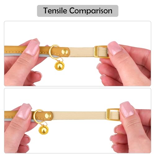 OOPSDOGGY Rolled Leather Cat Collar with Bell - Reflective Kitten Collar with Safety Elastic Strap - Adjustable Small Pet Collars for Boy Girl Cats (Camel) - color: Camel