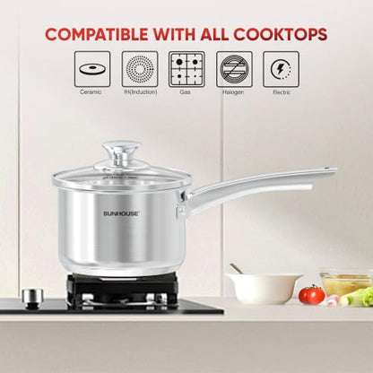 Sunhouse: Stainless Steel Saucepan - Classic: 1.5 Quart - Tempered Glass Lid, 3-Ply Bottom, Round-Edge Cookware Pot, All Cooktop-Oven-Dishwasher Safe