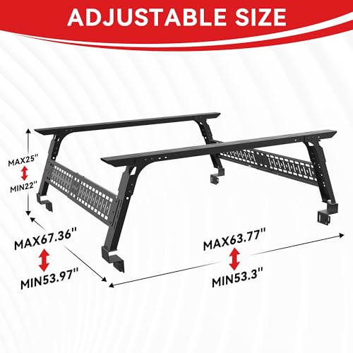 Adjustable 16-25" High Truck Bed Rack, Overland Cargo Rack Ladder Rack Cross Bars Compatible with Tacoma/Silverado/Sierra/Ram/Tundra/Titan/Frontier/Colorado/Canyon/Gladiator JT/Ford F-Series