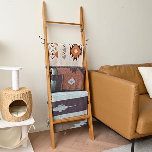 FUIN Blanket Ladder, 58in Rustic Solid Wood with Side Hangers Decor Rack