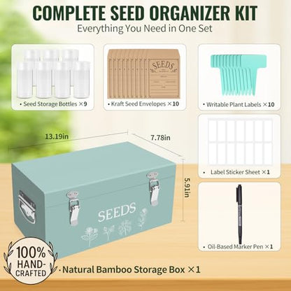 Large Bamboo Wood Seed Storage Organizer Box with Lid, Double-Layer Seal Design Seed Saving Box with 304 Stainless Steel Safety Lock, Handles, Extra Seed Envelopes and Labels, Great Gifts for Gardener - color: 2.Green(Large)